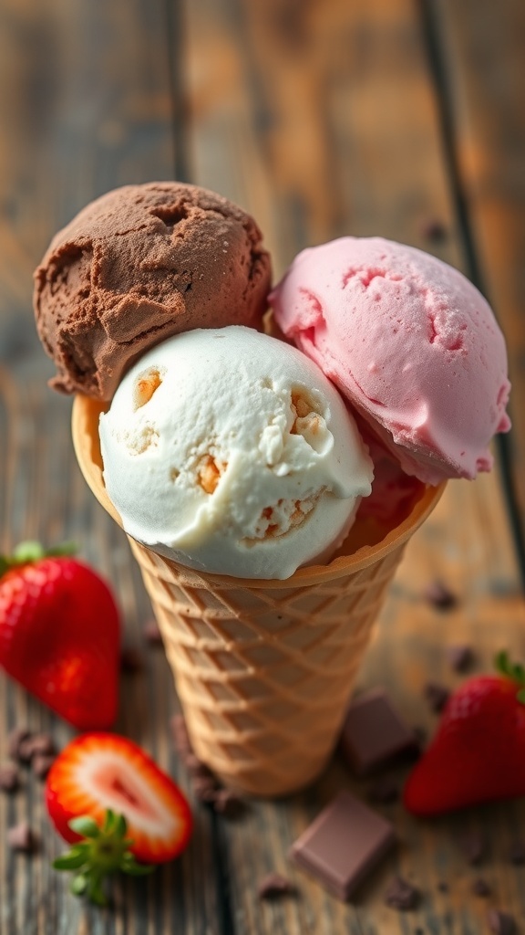 Three scoops of chocolate, vanilla, and strawberry ice cream in a cone with fresh strawberries and chocolate shavings.